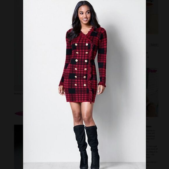 NEW WITHOUT TAGS VENUS‎ TARTAN PLAID SWEATER DRESS IN RED - Picture 1 of 7